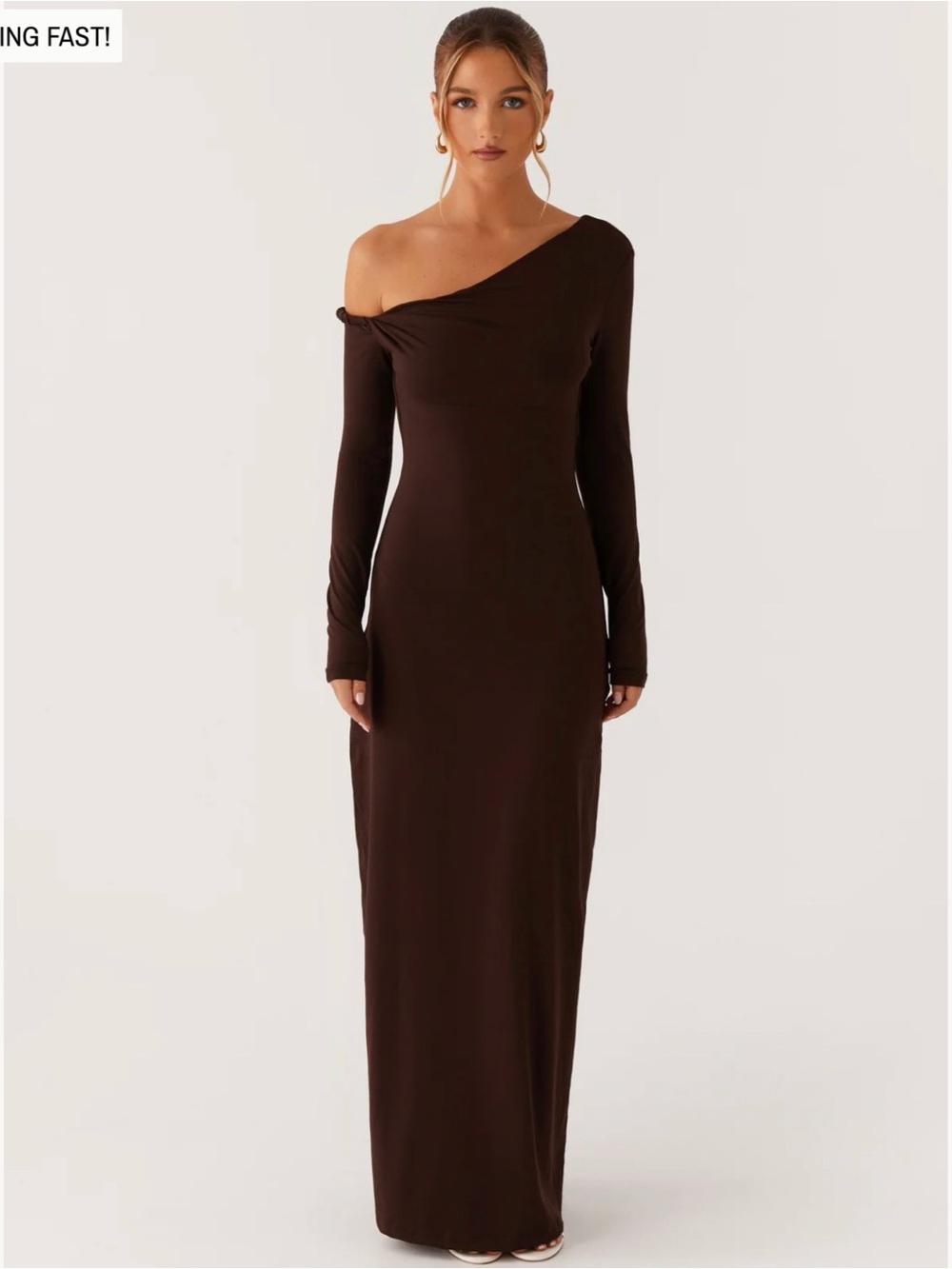 Peppermayo One-Shoulder Long Sleeve Maxi Dress in Chocolate Brown